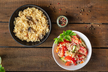 couscous salad tomato, onion, cucumber, spices vegetables appetizer fresh portion organic on the table healthy food meal snack copy space food background rustic. top view keto or paleo diet