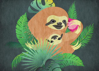 Sloth with baby and tropical leaves grunge © AnnaPa