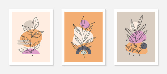 Fototapeta na wymiar Set of modern abstract vector illustrations with organic various shapes and foliage line art.Minimalist wall art decor.Trendy artistic designs for banners;social media,invitations,covers,wallpaper.