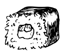 Vector isolated contour of a sushi roll. Hand drawn Japanese style sushi roll sketch, square shape with rice and filling with black line on white background for packaging template design, flyers, menu