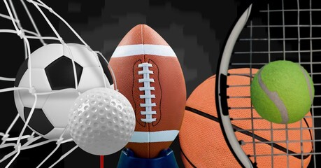 Composition of multiple sport equipment and balls on black background - Powered by Adobe