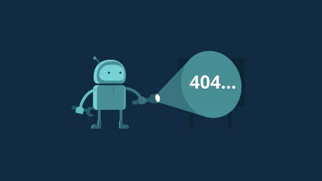 Page not found error 404. Robot with wrench and flashlight. Animation. Cartoon character. Motion graphics. Footage. Night scene.