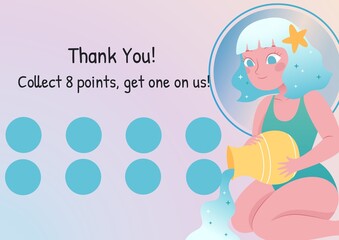 Composition of thank you collect 8 points get 1 on us text with eight dots for loyalty stamps