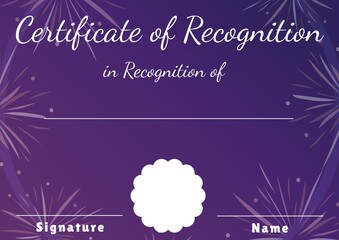 Fototapeta premium Composition of certificate of recognition text with copy space over stars on purple