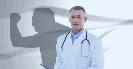 Composition of smiling male doctor and male athlete shadow with copy space on white