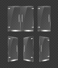 Realistic 3d Detailed Glass Door Close and Open Set on a Transparent Background. Vector