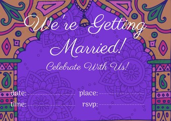 Composition of we're getting married text and copy space on purple asian pattern