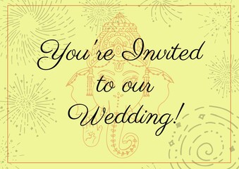 Composition of you're invited to our wedding text and copy space on yellow asian pattern