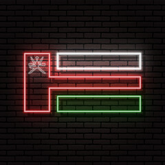 Neon sign in the form of the flag of Oman. Against the background of a brick wall with a shadow. For the design of tourist or patriotic themes.