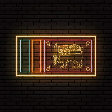 Neon sign in the form of the flag of Sri Lanka. Against the background of a brick wall with a shadow. For the design of tourist or patriotic themes.
