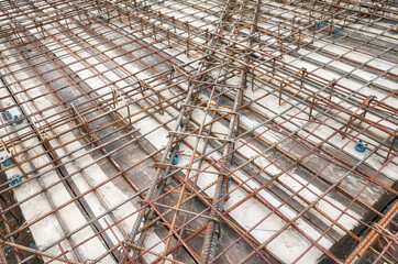 Ribbed steel bar reinforcement construction ready for concrete casting.