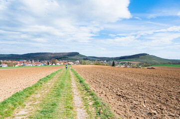 Fototapeta na wymiar A large agricultural field near a village under a bright sky