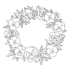 Summer or spring pansies floral nostalgic elegant romantic old fashioned wreath contour coloring page

