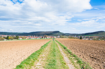 A large agricultural field near a village under a bright sky