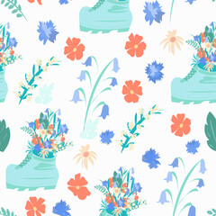 Seamless pattern with green in which flowers grow