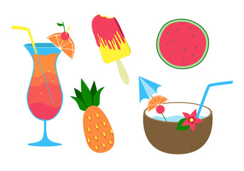 Set of tropical fruits, cocktails and ice cream. Isolated on a white background.