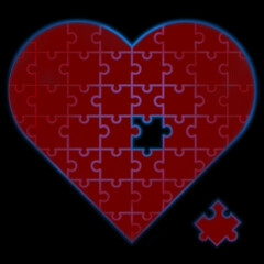 Heart puzzle without one piece. Black background