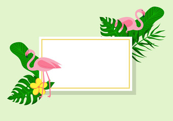 Frame with flamingos and palm leaves.