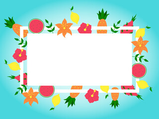 Frame with tropical fruits and flowers.