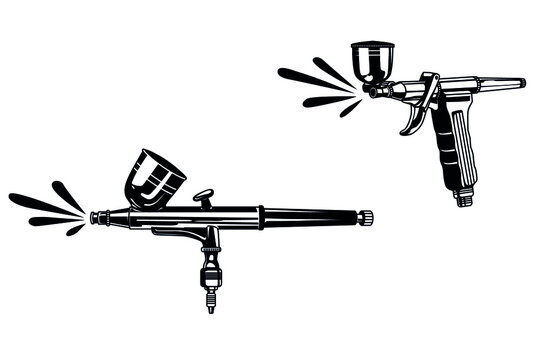 Monochrome illustration of metal spray gun. Isolated on white background. Airbrush icon, aerography tool.
