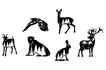 Forest animals vector silhouettes set. Vector Set of Black Forest Animals and Birds Silhouettes. Hand drawn vector illustration
