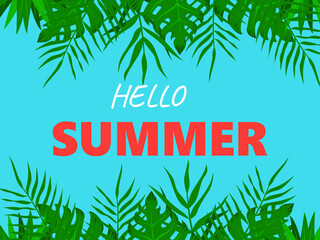 Summer banner with palm leaves and text.