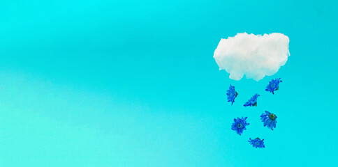 A rain of blue flowers falls from the cloud against pastel blue background. Minimal summer nature ad concept idea  in horizontal orientation.