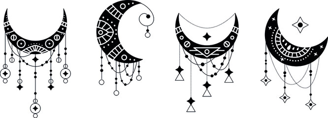 Obraz premium Crescent moon contour symbol linear icons set. Esoteric spiritual ethnic mascots. Zentangle ornament with mandala element. Isolated vector outline illustrations. 