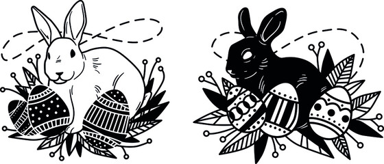 Fototapeta na wymiar Easter bunny rabbit cartoon character in black and white outline. 