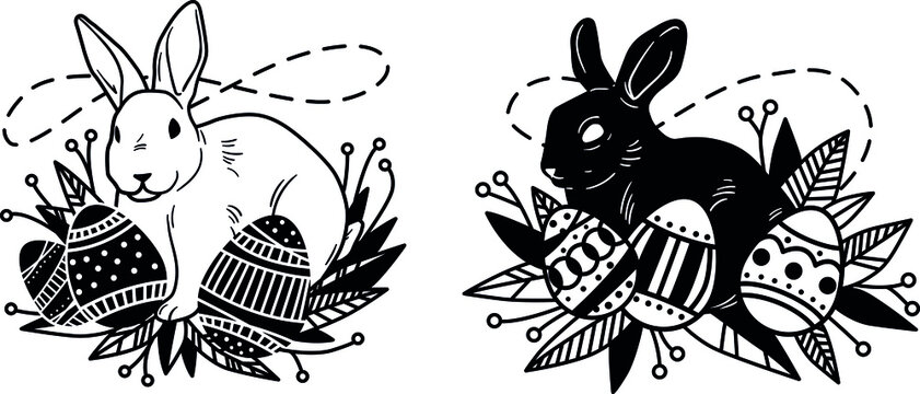 Easter bunny rabbit cartoon character in black and white outline.
