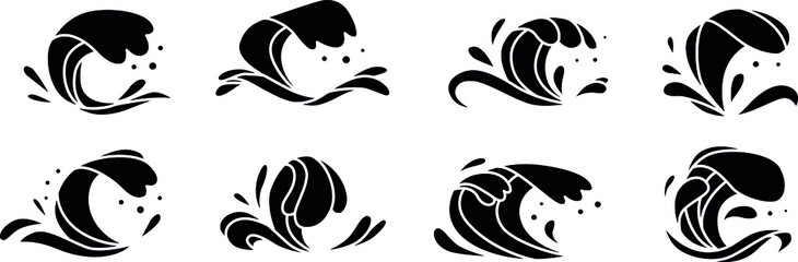 Wave icon set with water swirl of sea or ocean. Black and white curls of water stream, ocean surf or sea storm with splashes and bubble foam for nature, marine travel or summer holiday themes design
