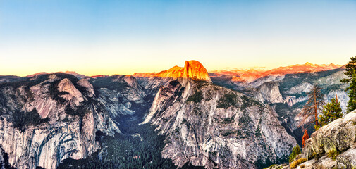 Yosemite Valley with Illuminated Half Dome at Sunset, View from Glacier Point, Yosemite National Park