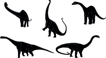 Dinosaur silhouette. Icon Jurassic Monsters T-rex Stegosaurus Triceratops Pterodactyl Spinosaurus Apatosaurus Allosaurus Carnotaurus Ankylosaurus Velociraptor. Vector group set of dino silhouettes.
