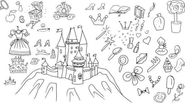 Princess castle doodle stickers for girls vector illustration hand drawn textile print. Bright pictures big set clipart crown dress decoration carriage
