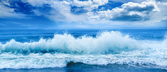 Bright ocean panoramic landscape in blue tones.