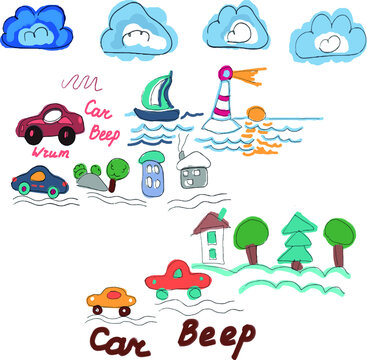 
Cars kids cute pictures cartoon hand drawn doodle sketch illustration print textile bright pictures.  Big set clipart