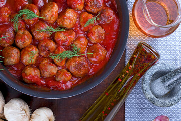 Swedish style meat free savoury flavoured balls, made with mycoprotein in tomato sauce. 