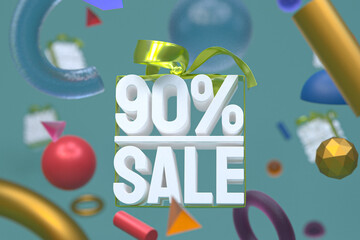 90% sale with bow and ribbon 3d design on abstract geometry background