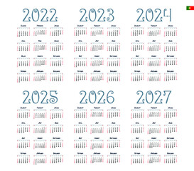 Portuguese calendar 2022 - 2027 on white background, week starts on Sunday