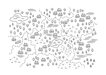 Village locality map. Rural areas. Building and trees. Hand drawn sketch vector line. Open paths. Editable stroke.