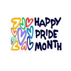 Happy Pride Month. Annual sexual diversity celebrations logo. Sex minorities self-affirmation concept. Rainbow-colored hearts and hand lettering. Isolated on white background