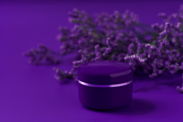 Obraz na płótnie Canvas plastic jar with body cream on purple table.