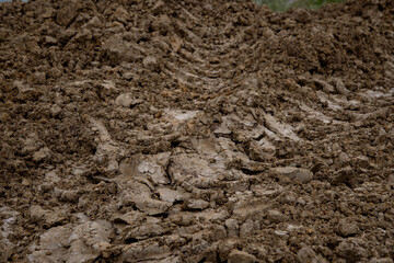 Mud background. The texture of cracks and pieces of earth. Path in the village.