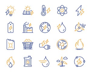 Energy types line icons. Coal Trolley, Solar Panels, Hydroelectric Power icons. Sustainable Electricity, Battery Energy, Fuel canister. Windmill power, Coal mine and Hydroelectricity. Vector