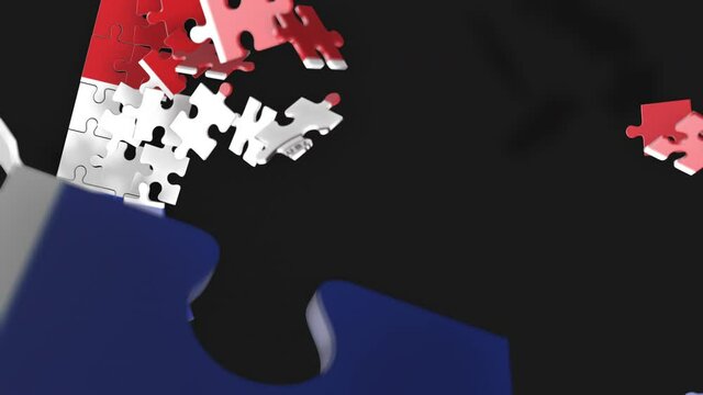 Animation of jigsaw puzzle assemble. Problem solving and completing concept.  Paraguay national flag integration. Symbol of association and connection. Isolated on dark background.