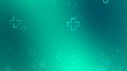 Medical health blue green cross neon light shapes pattern background. Abstract healthcare technology and science concept.