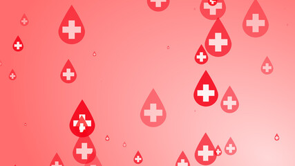 Medical health cross white on red blood drop pattern background. Abstract healthcare for World Blood Donor Day.