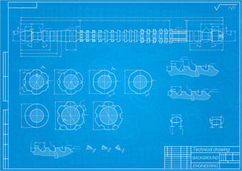Mechanical engineering drawings on blue background. Broach. Technical Design. Cover. Blueprint. Vector illustration.