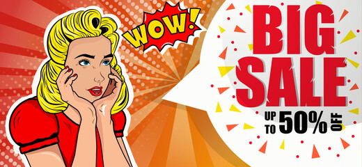 Girl in pop art style. Sale. Discounts up to 50% percent. Vector illustration.Picture in retro style. Concept. Limited offer. Background
