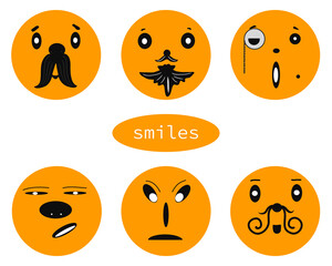 Set of yellow smiles. Collection of icons. Colorful graphic sketch. Idea for decors, logo, covers, holidays, gifts, art. Isolated vector. 